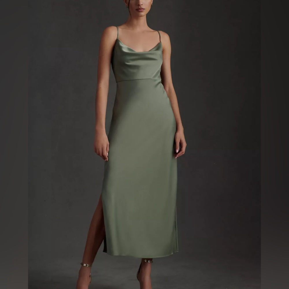 BHLDN Cali satin cowl-neck midi slip dress in the color moss.